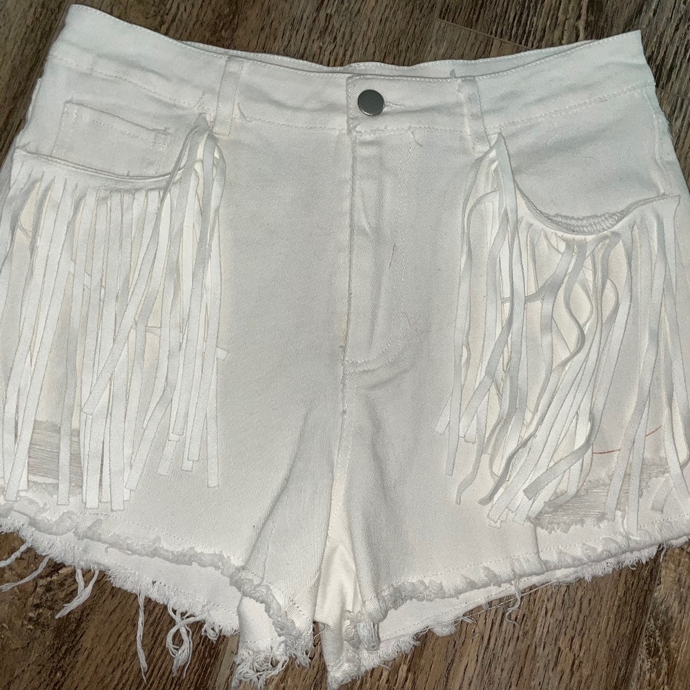 White Fringe Denim Shorts